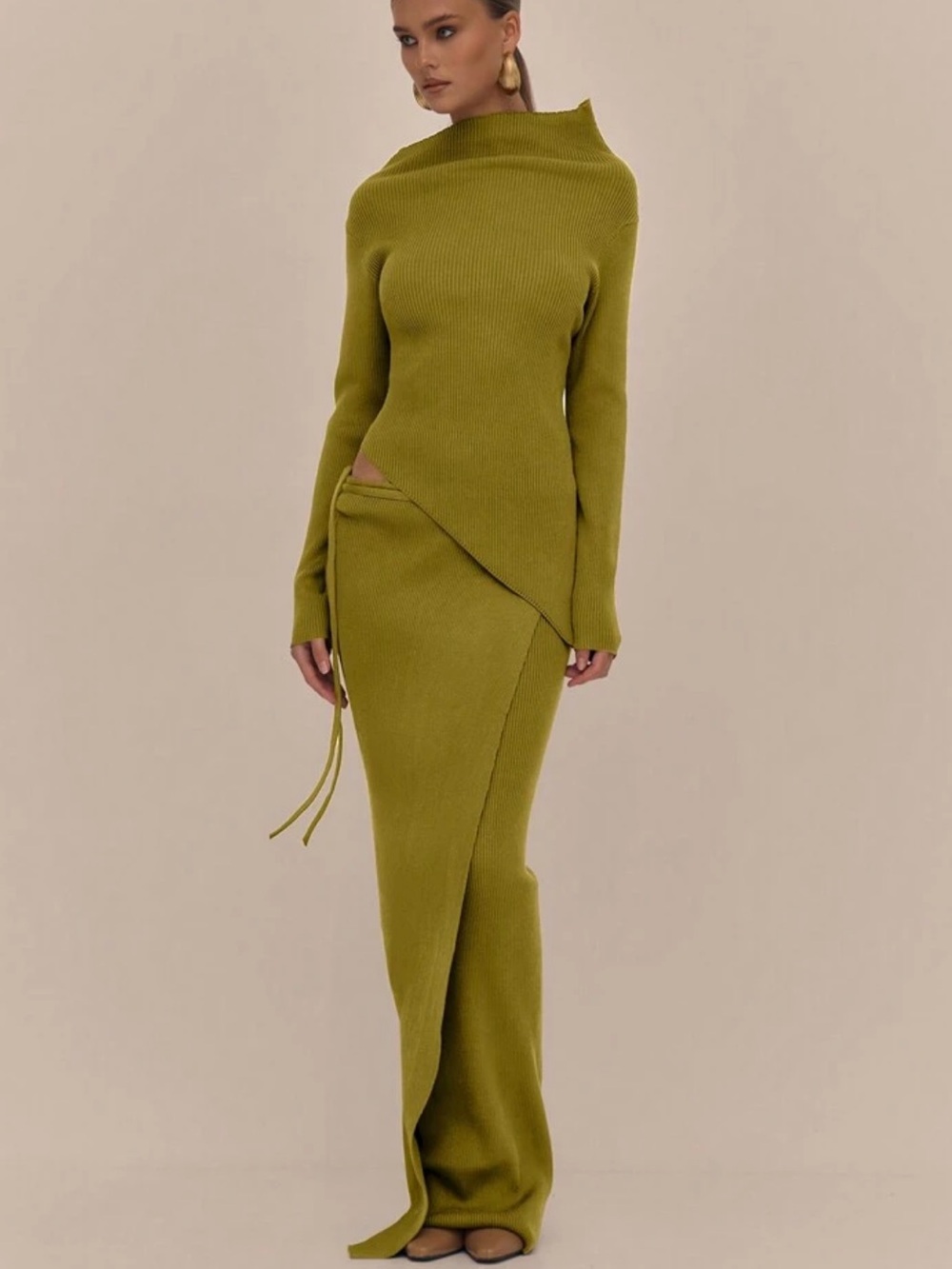 Olive Green Knit Maxi Skirt with Asymmetric Wrap Detail
